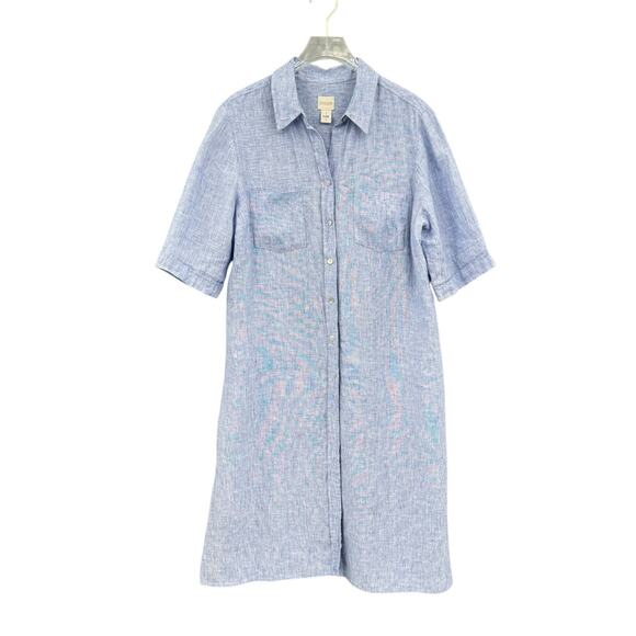 Chico’s Sz 1 Heather Blue Linen Long Line Button Front Side Slit Tunic Shirt - Picture 11 of 16